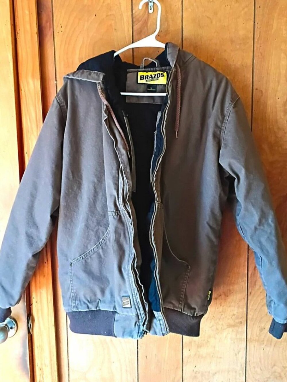 Brazos Work Force Men’s Brown Hooded Work Jacket Coat Size L full zip pockets